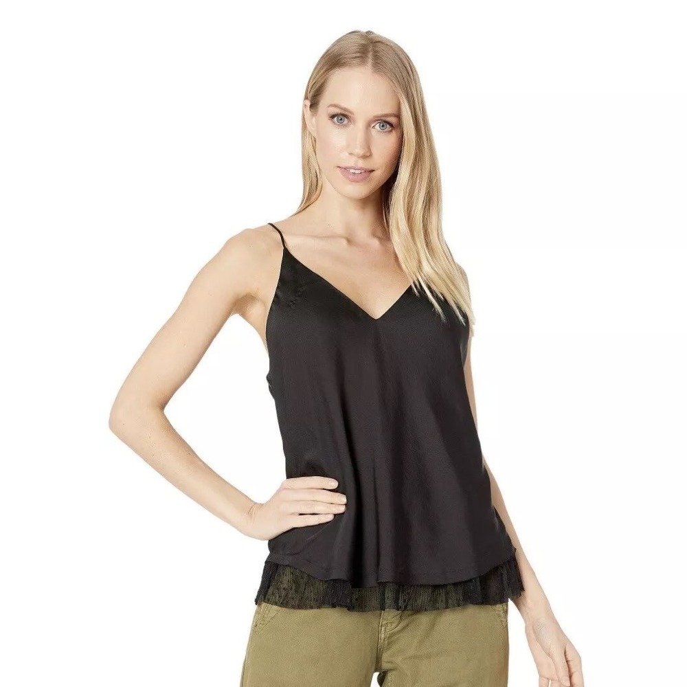 Free People Intimately Criss Cross Cami Lace Trim‎ Tank Top Black Size Small